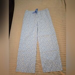 Floral Pajama Pants Blue White Gingham Trim. Medium